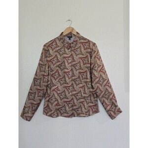 Talbots Silk Paisley Button Up Top Womens Size 14 Brown Long Sleeve Collared